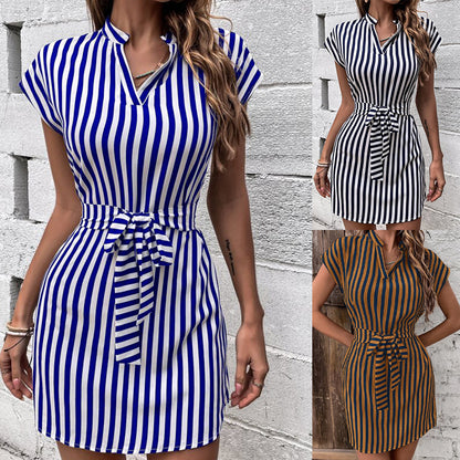 Women's Short Sleeve Shirt Dress with Tie Belt and Elegant Chic and Style Stripe