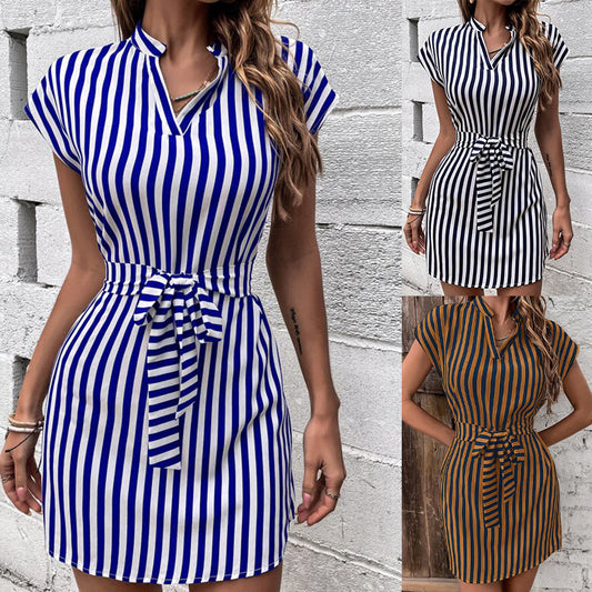 Women's Short Sleeve Shirt Dress with Tie Belt and Elegant Chic and Style Stripe