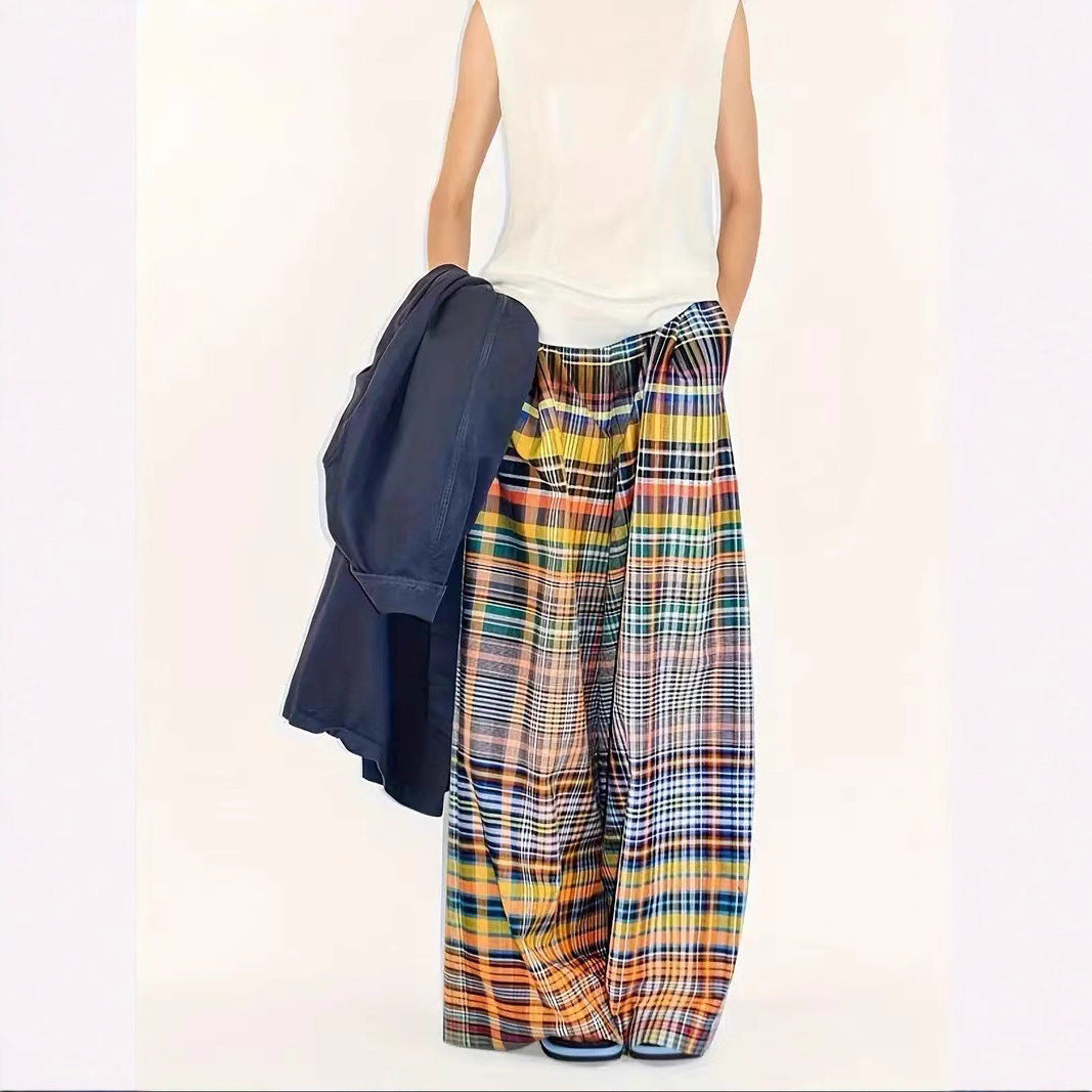 Pantalon à carreaux large pour femmes avec taille élastique et structure tissée solide Chic und Stil