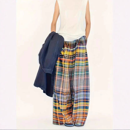 Pantalon à carreaux large pour femmes avec taille élastique et structure tissée solide Chic und Stil
