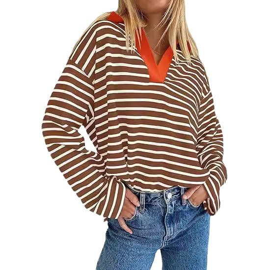 Pull d'été décontracté à rayures pour femmes avec décolleté en V et manches longues Chic und Stil