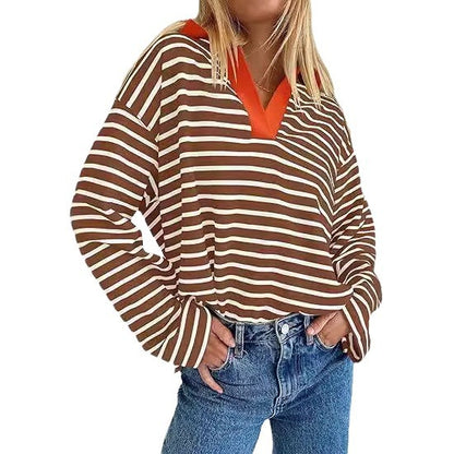 Pull d'été décontracté à rayures pour femmes avec décolleté en V et manches longues Chic und Stil