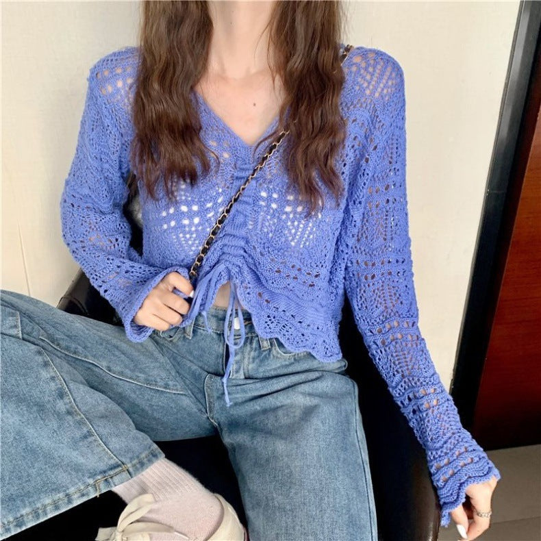 Pull en crochet aéré pour femmes avec cordon de serrage et coupe large Chic und Stil