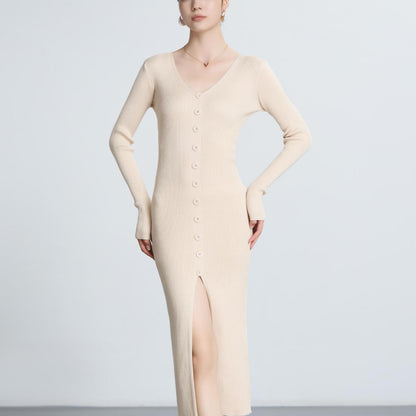 Dames Robe maxi à manches longues avec structure côtelée et détail de bouton Chic und Stil