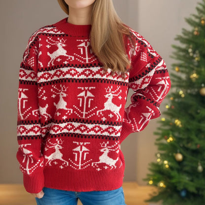 Pull en tricot de Noël pour femmes avec un design de renne festif et un col haut Chic und Stil