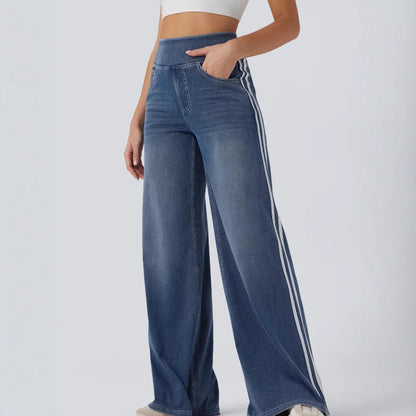 Wide denim pants for women with side stripe and high waist Chic and Style