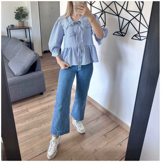 Chemise Vokuhila élégante pour femmes avec un col charmant et des volants ludiques Chic und Stil