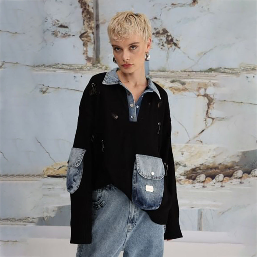 Dames Urban Oversized Pull avec Détails en Denim Chic und Stil