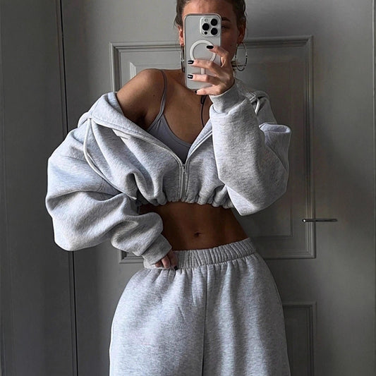 Femme ensemble en polaire décontracté avec pull court et pantalon large Chic und Stil