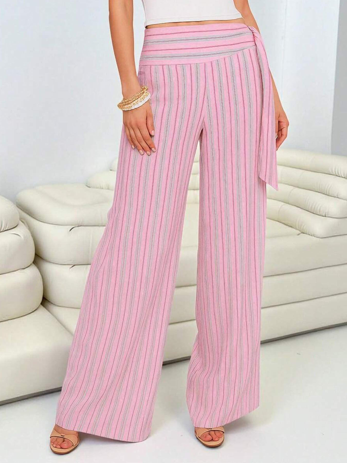Ladies Elegant and Casual Palazzo Pants with Side Tie Belt Chic and Style
