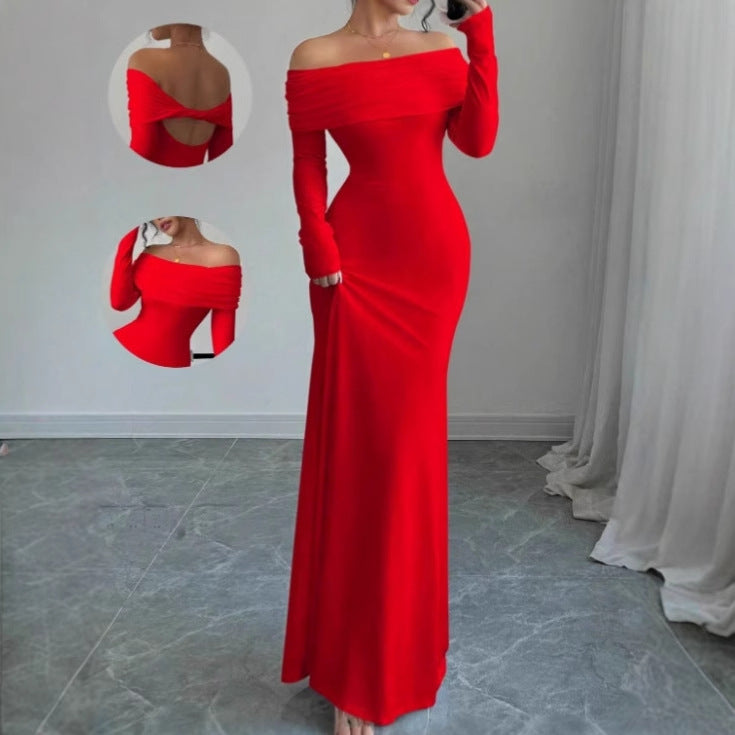 Dames Élégante Robe Maxi Off-Shoulder avec Manches Longues et Haut Drapé Chic und Stil