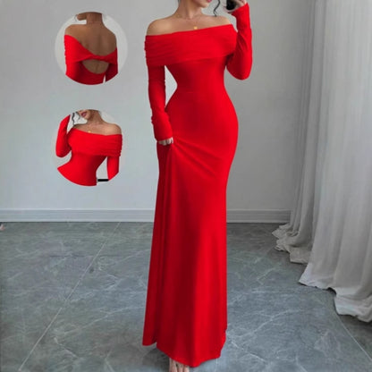 Dames Élégante Robe Maxi Off-Shoulder avec Manches Longues et Haut Drapé Chic und Stil