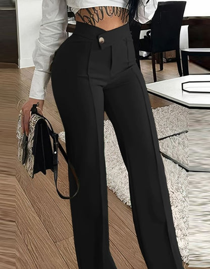 Ladies Elegant High Waist Pants with Decorative Button Details Chic and Style