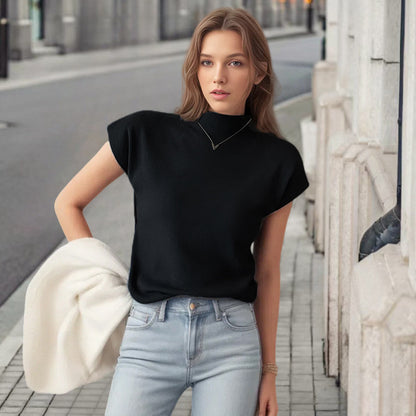 Dames élégant t-shirt à manches courtes avec col montant et coupe près du corps Chic und Stil
