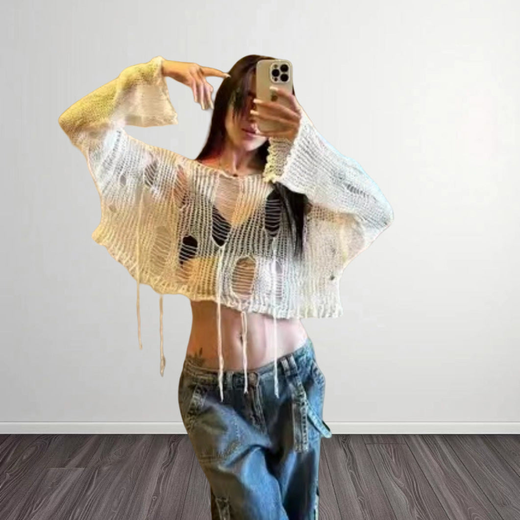 Dames Haut de crop tendance avec structure tricot aérienne et mailles ouvertes Chic und Stil