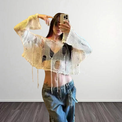 Dames Haut de crop tendance avec structure tricot aérienne et mailles ouvertes Chic und Stil