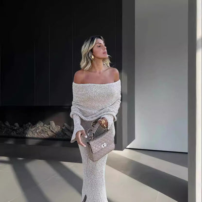 Robe tricot pour femmes avec design à épaules dénudées et effet scintillant Chic und Stil