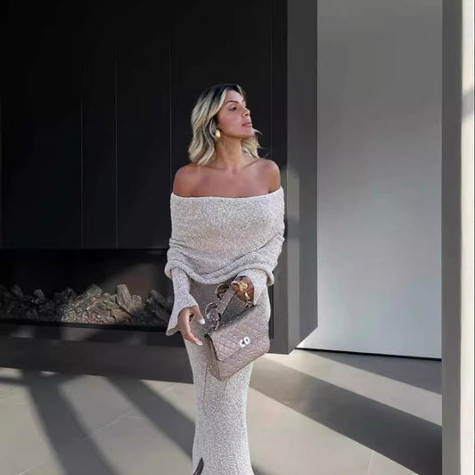 Robe tricot pour femmes avec design à épaules dénudées et effet scintillant Chic und Stil