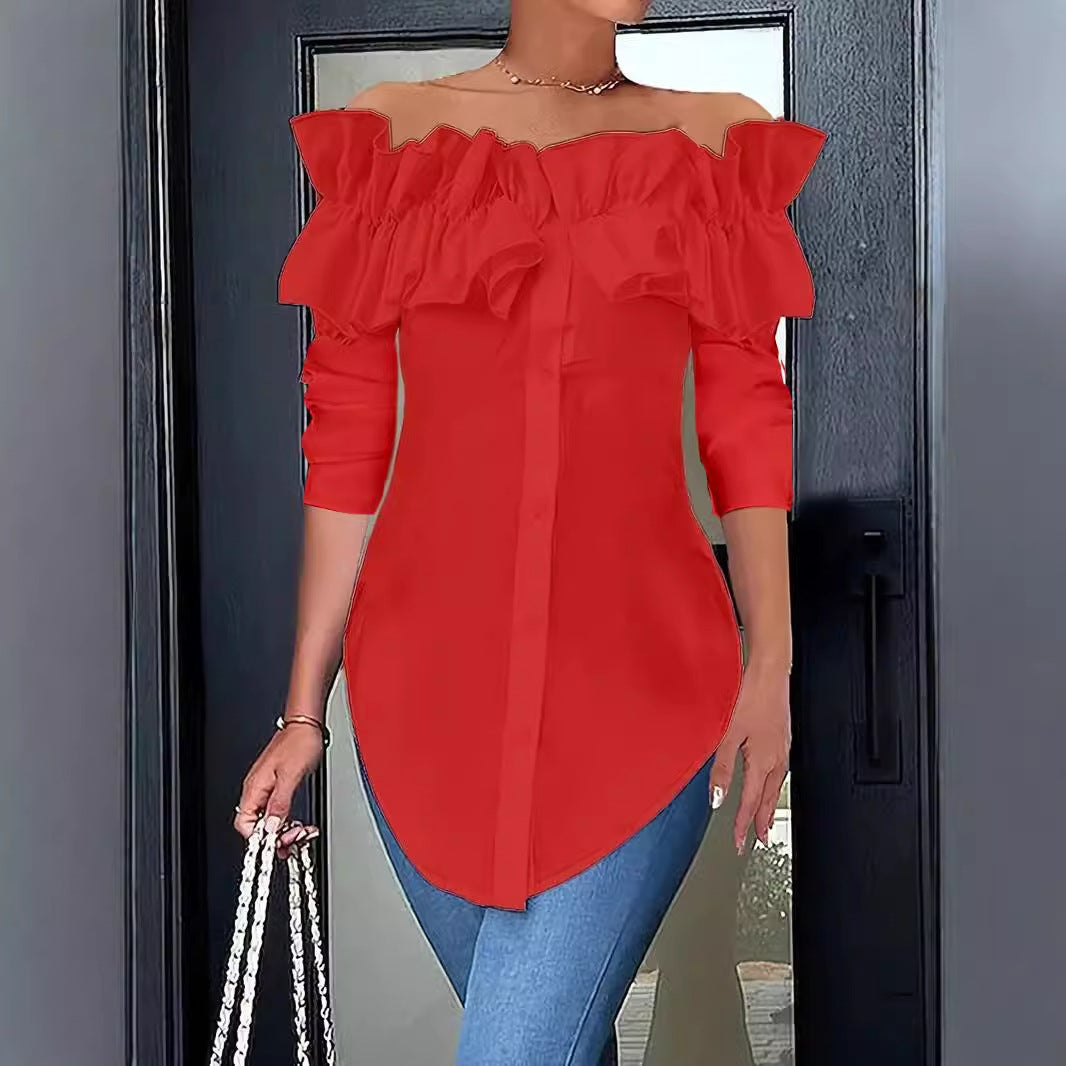 Chemisier femme épaules nues avec volants et patte de boutonnage Chic und Stil