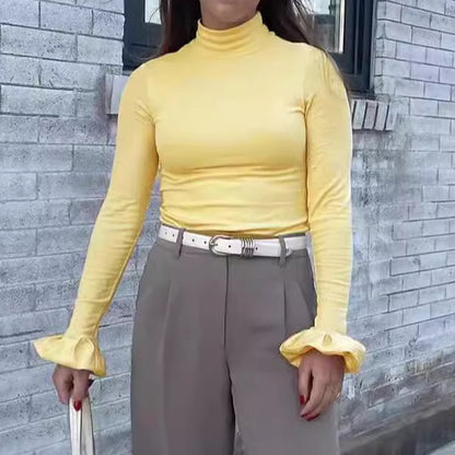 Dames Haut élégante à manches longues avec col haut et détails froncés Chic und Stil