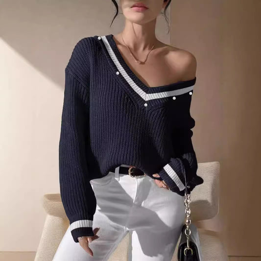 Pull décontracté pour femmes avec décolleté en V et patte de boutonnage décorative Chic und Stil