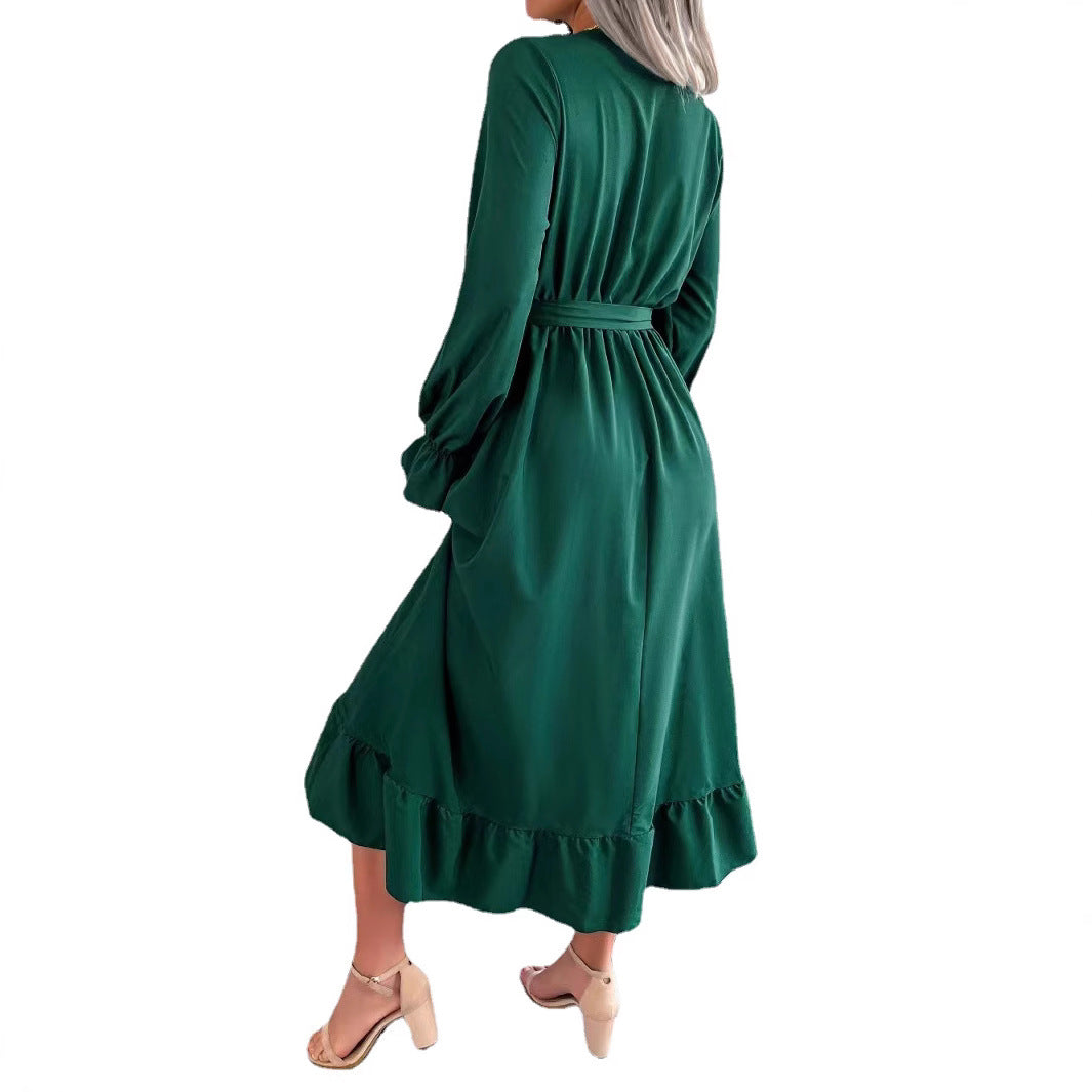 Ladies Elegant V-Neck Maxi Dress with Ruffled Hem Chic and Style