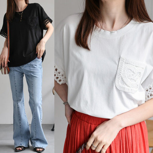 T-shirt femmes avec dentelle au crochet et poches Chic und Stil