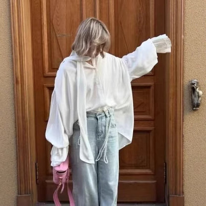 Dames Élégante blouse avec col en nœud et manches volantes Chic und Stil