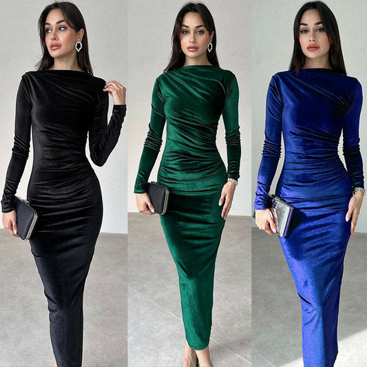 Dames Élégant Longue Manche Ruché Maxi Robe Chic und Stil