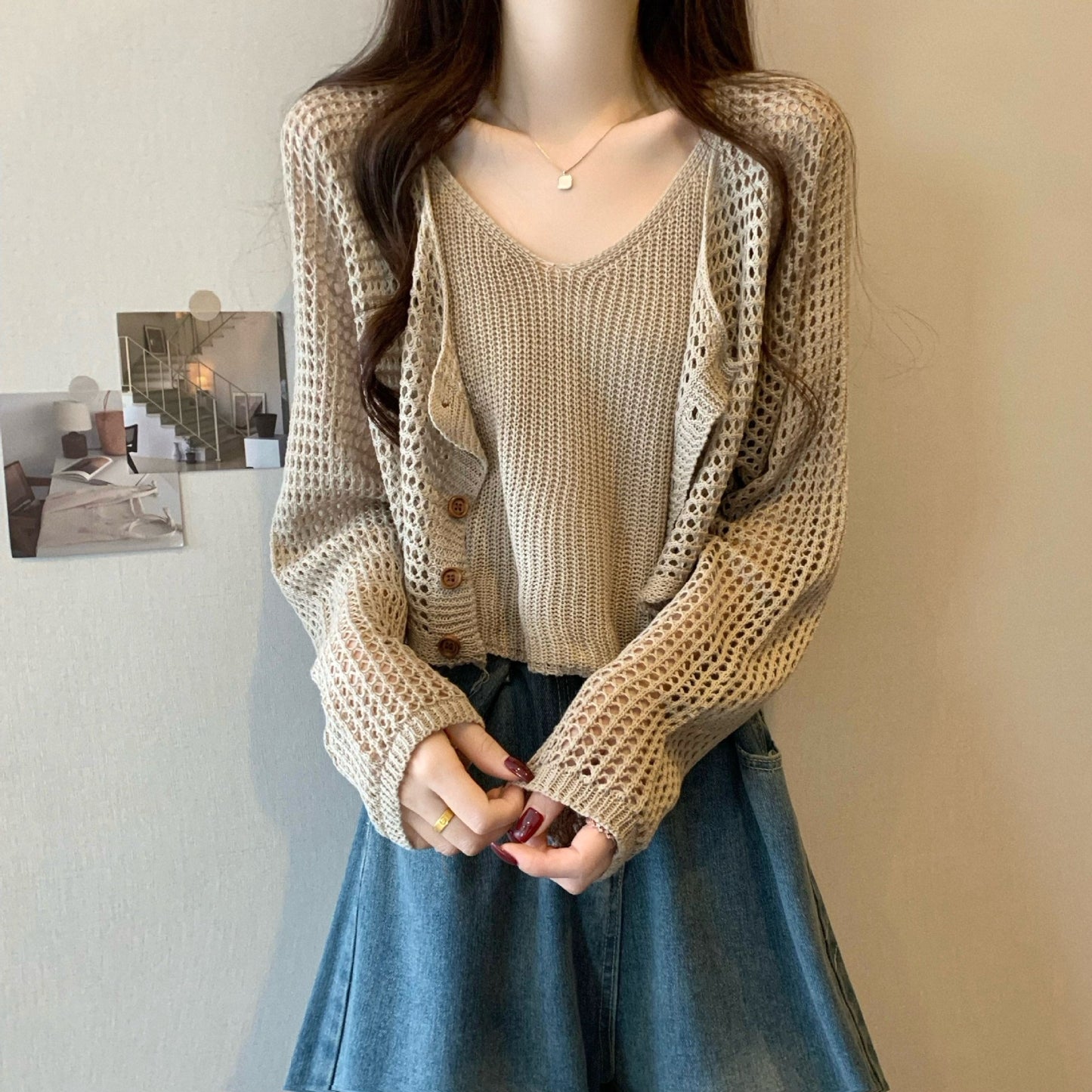 Dames cardigan décontracté en tricot avec motif en filet et fermeture à bouton Chic und Stil