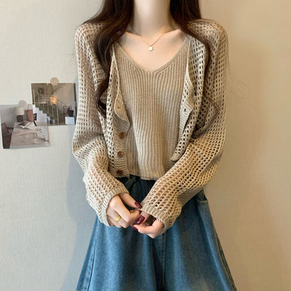 Dames cardigan décontracté en tricot avec motif en filet et fermeture à bouton Chic und Stil