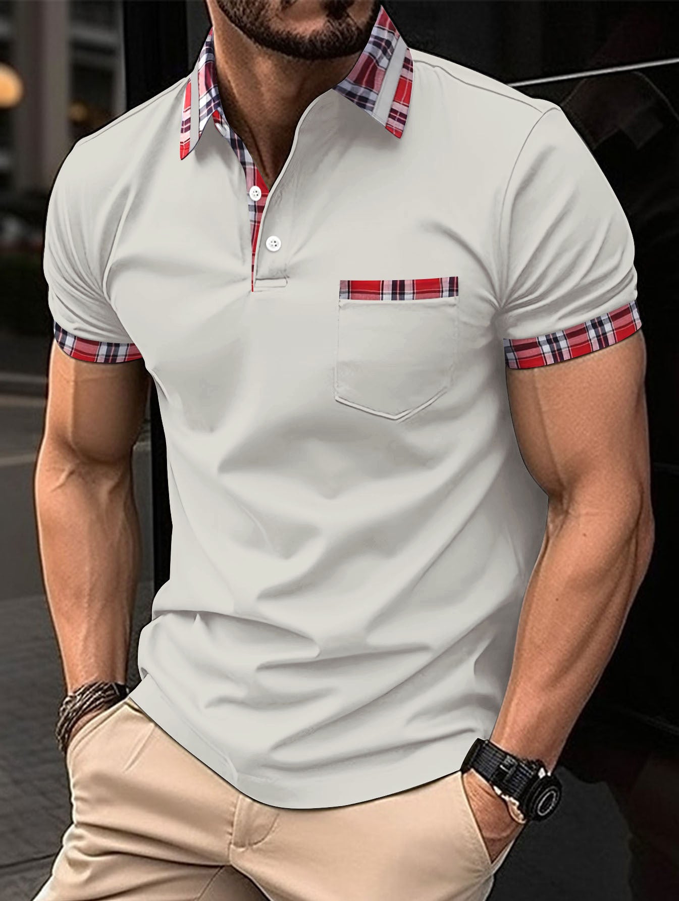 Men's Casual Short Sleeve Polo with Distinctive Checkered Details Chic and Style