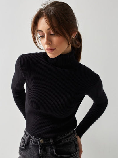 Blouse en rip à côtes élégante pour femmes avec col haut et coupe ajustée Chic und Stil