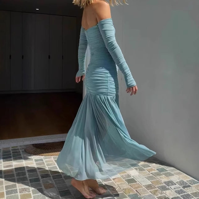 Dames Robe Maxi Élégant Off-Shoulder avec Design Cintré et Jupe Fluide Chic und Stil