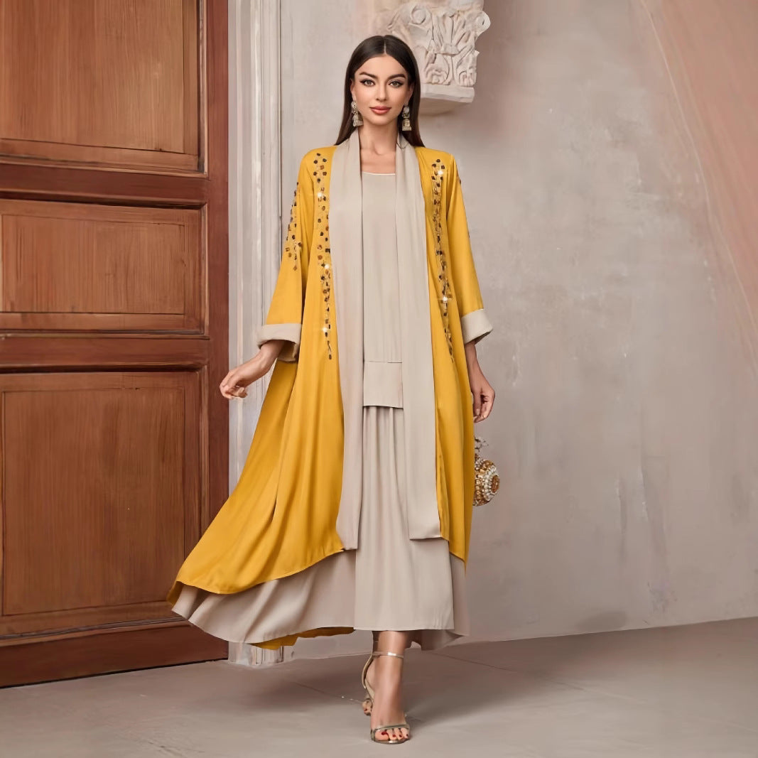 Dames Élégante longue veste Kaftan avec accent floral Chic und Stil