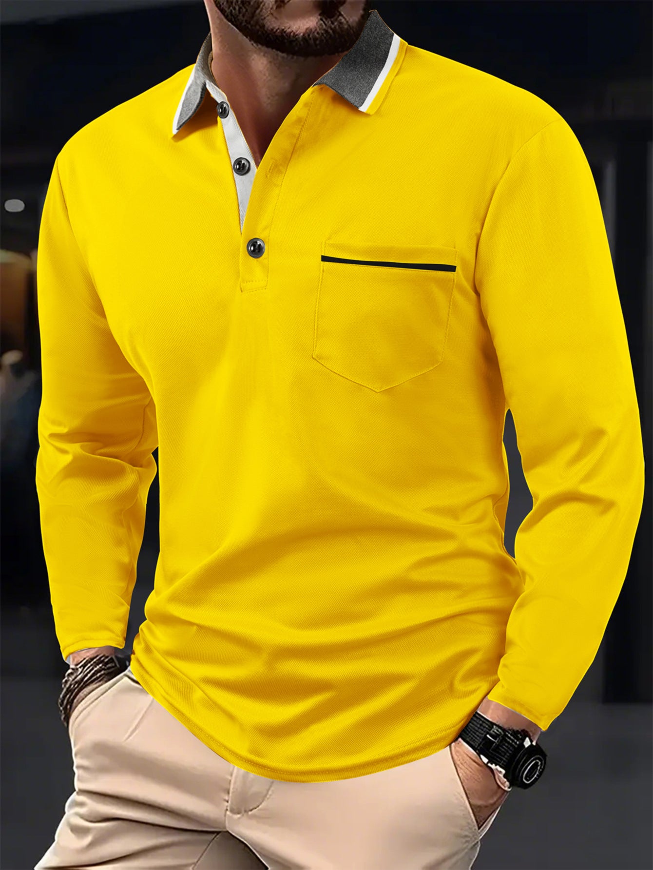 Men's long sleeve polo with textured collar and chest pocket Chic and Style