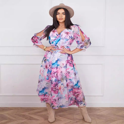 Dames Robe Maxi Longue avec coupe florale et manches raffinées Chic und Stil