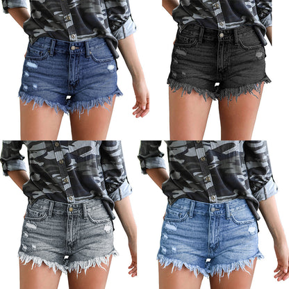 Shorts pour femmes au look utilisé à la mode avec ourlet effiloché et taille haute Chic und Stil