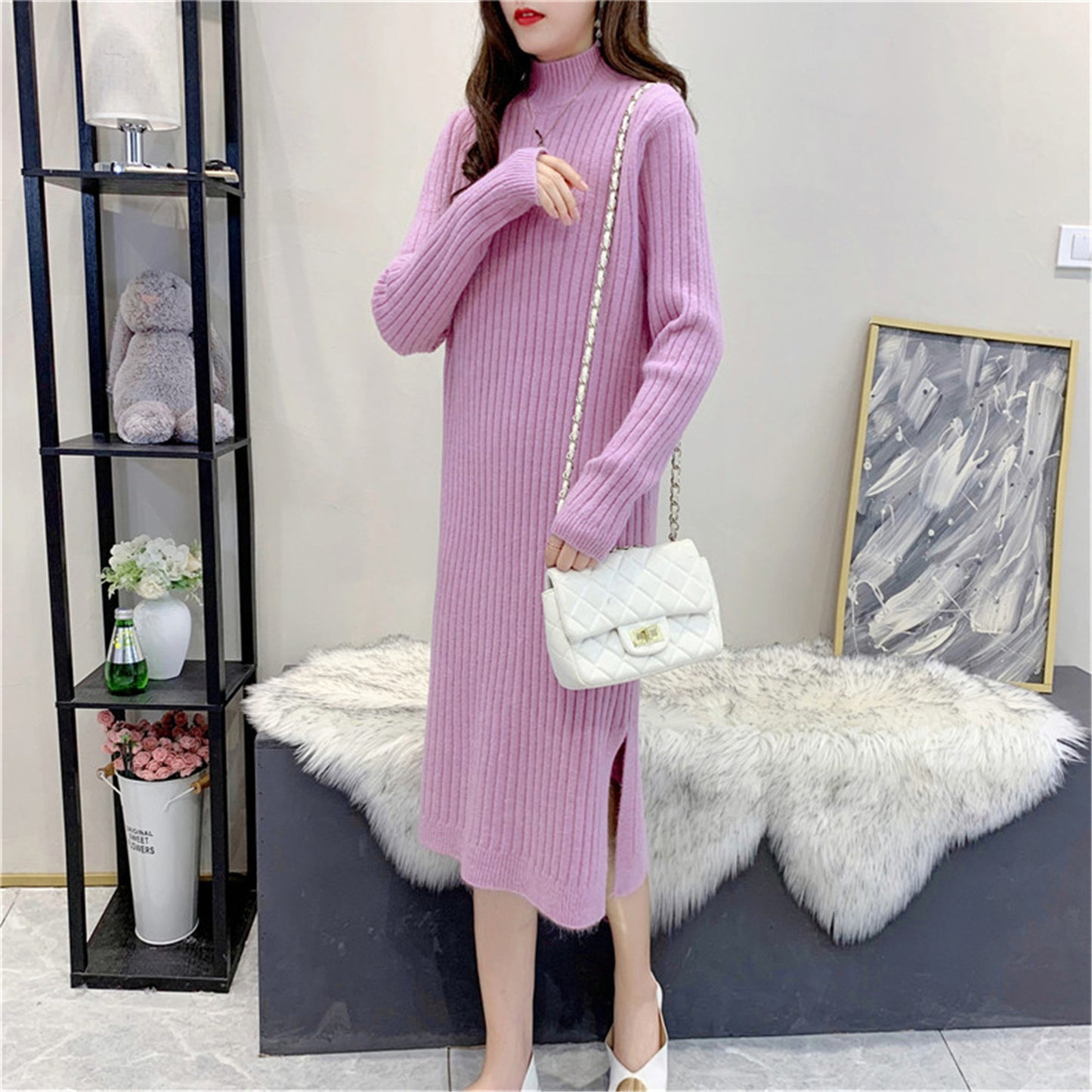 Robe maxi tricot pour femmes avec col haut et fine structure côtelée Chic und Stil