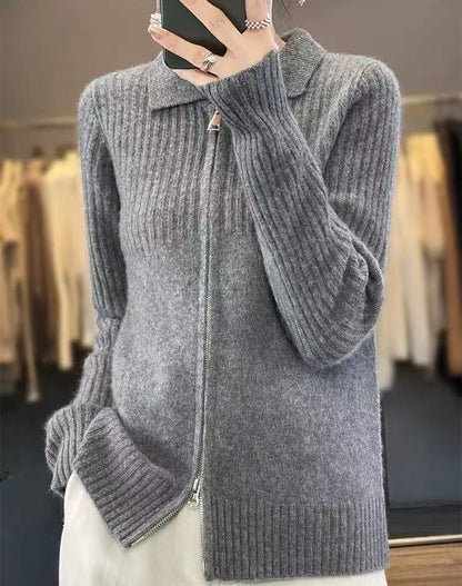 Cardigan tricot confortable pour femmes avec fermeture éclair et patron côtelé fin Chic und Stil