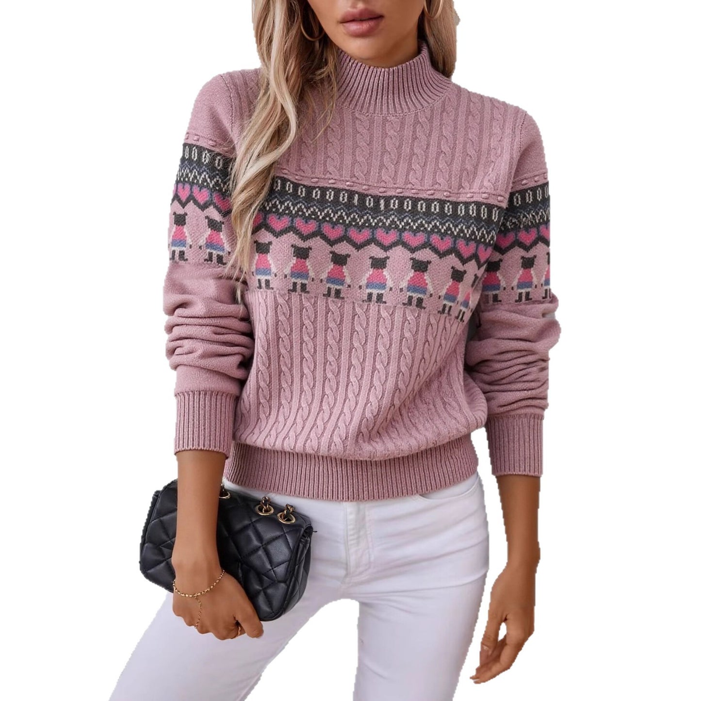 Pull en tricot pour femmes avec motif créatif et col haut Chic und Stil