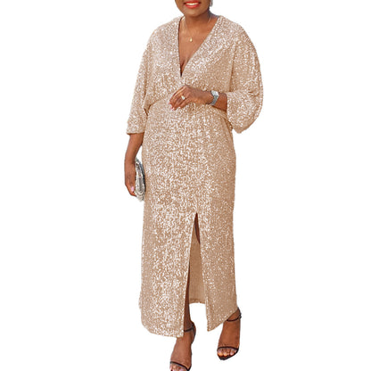 Robe de soirée scintillante pour femmes avec fente profonde et manches bouffantes luxueuses Chic und Stil