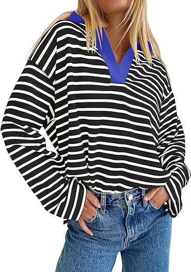 Pull d'été décontracté à rayures pour femmes avec décolleté en V et manches longues Chic und Stil