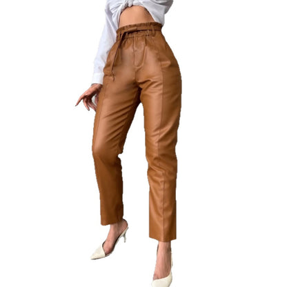 High-waisted faux leather pants for ladies with belt Chic und Stil