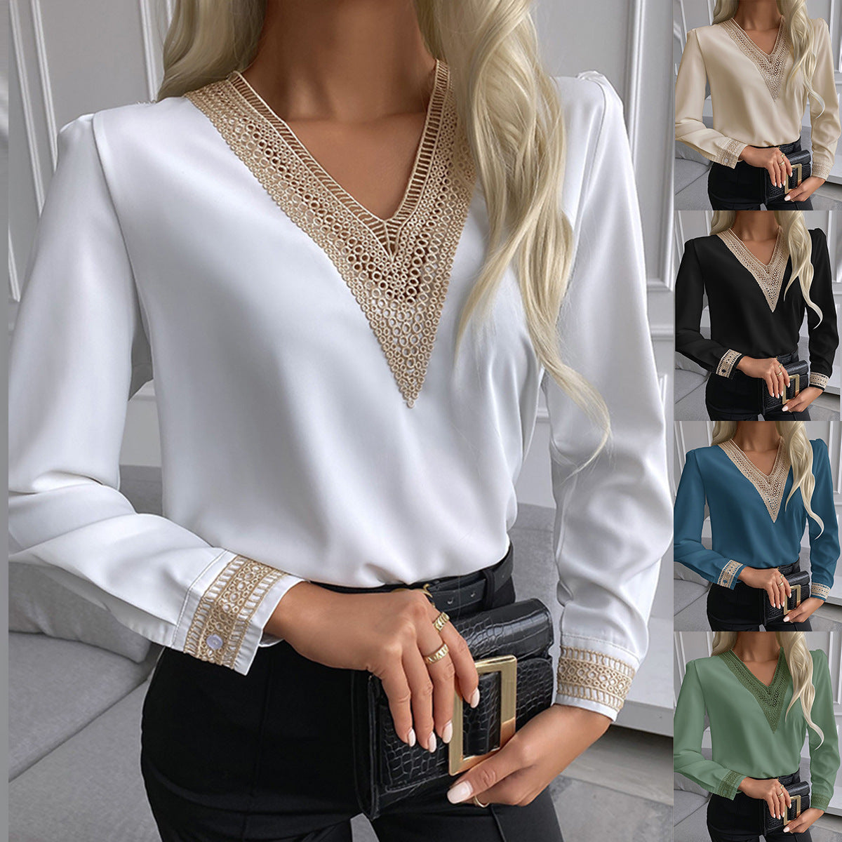 Dames Élégante Blouse à Col V avec Dentelle Décorative Chic und Stil