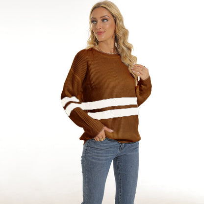 Chunky knit pullover for women with sporty striped pattern and relaxed fit Chic and Style