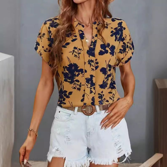Blouse décontractée pour femmes avec motif floral et courte patte de boutonnage Chic und Stil