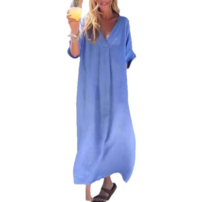 Robe maxi en lin décontractée pour femmes avec décolleté en V et manches larges Chic und Stil