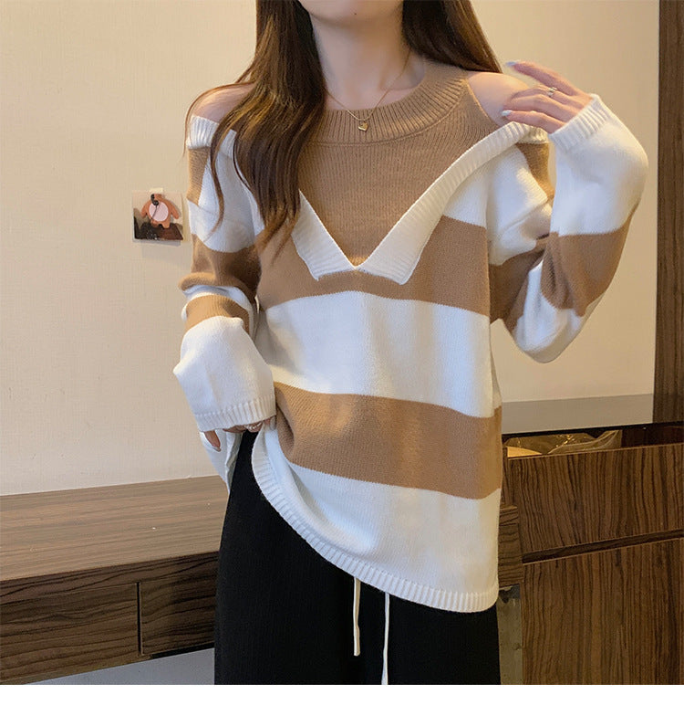 Ladies Oversized V-neck Pullover with trendy striped pattern and open shoulder design Chic and Style