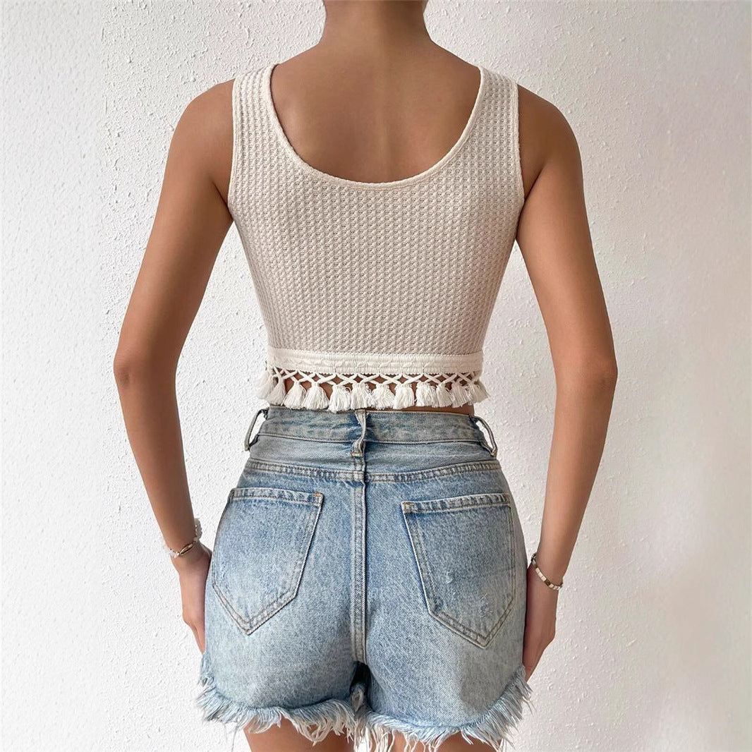Dames Crop Top avec Franges et Structure Chic und Stil